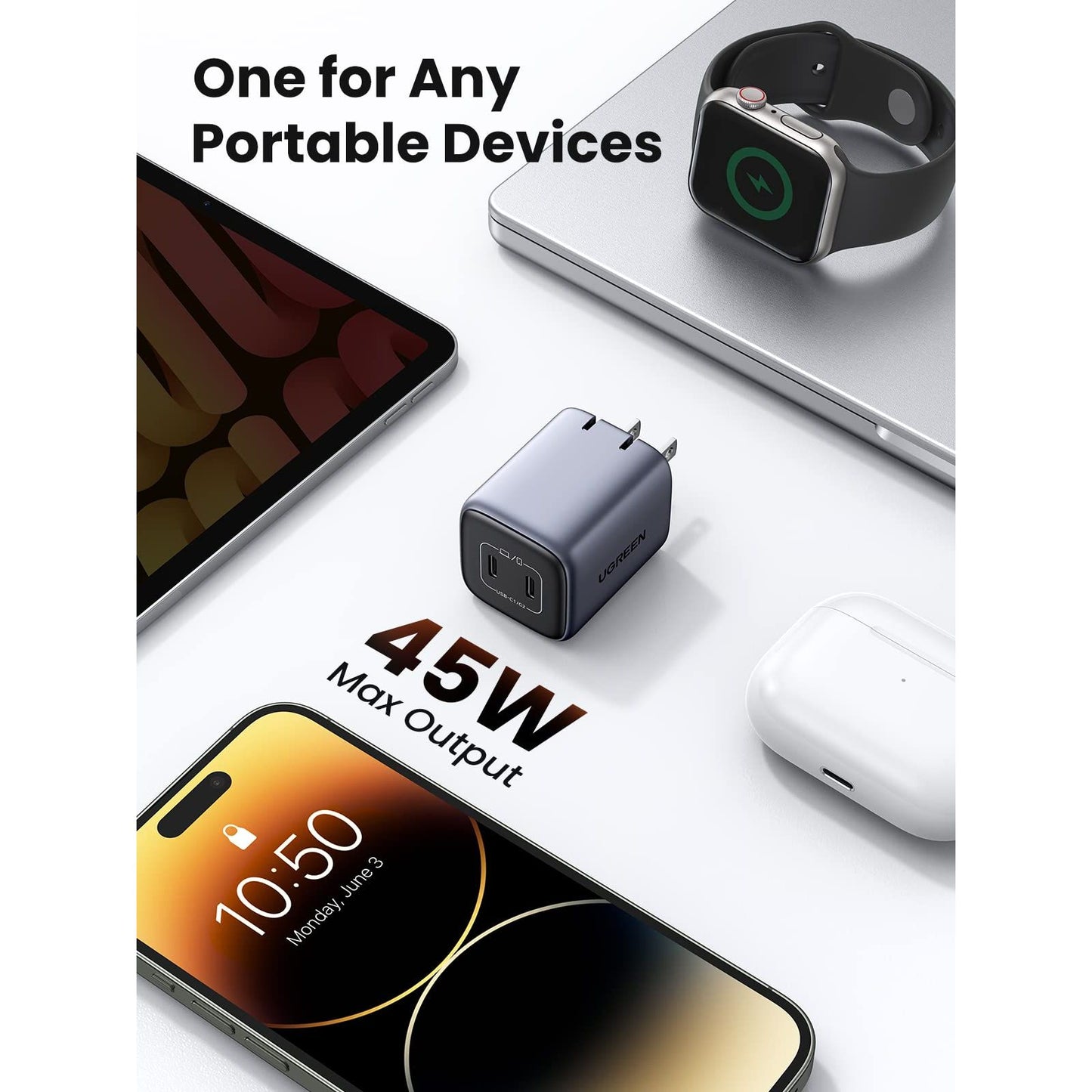 UGREEN 45W USB C Charger, Nexode 2 Port GaN Foldable PPS Wall Charger Block Support Samsung Super Fast Charging 2.0 for Galaxy S25/S24/Note 20, iPhone 16/15/14, iPad, MacBook, Steam Deck (Black)