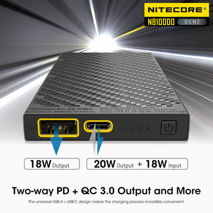 Nitecore NB10000 GEN2 Portable Charger 10000mAh Fast Charging Power Bank Battery Pack Dual-Output for Cell Phone Tag